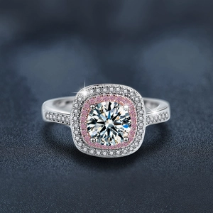 Bague en argent massif S925 avec moissanite ronde et entourage de diamants roses fins