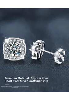 Close-up of S925 sterling silver square halo stud earrings with brilliant round moissanite