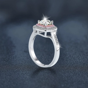 Bague luxueuse en argent S925 avec moissanite, halo rose et double bande pavée