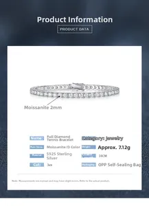 Detaillierte Spezifikationen für 925 Sterling Silber 2mm Moissanit Tennis Armband Produktdaten