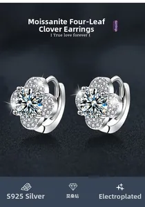 Detailed view of S925 sterling silver four-leaf clover earring set with sparkling moissanite