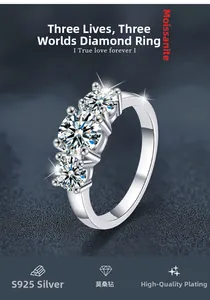 Detailed macro view of S925 sterling silver ring with sparkling moissanite three-stone design