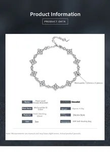 S925 silver four-leaf clover bracelet with 9 Moissanite stones and adjustable chain