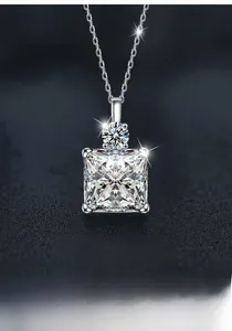 Macro shot of S925 silver square pendant necklace with princess cut moissanite diamond