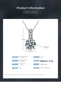 Détail du collier en argent s925 avec un pendentif moissanite ronde de 1 carat