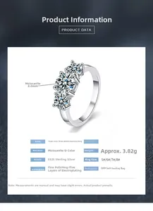 Detailed specs of S925 sterling silver three-stone moissanite ring with 8mm D-color gems