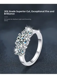 Macro shot of 3-stone S925 sterling silver ring with 58-facet moissanite in 6-prong setting