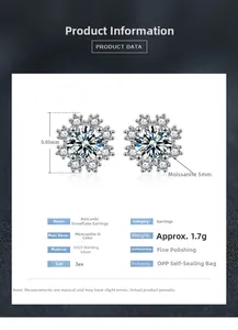 Detailed specs of S925 sterling silver snowflake stud earrings with 5mm Moissanite stone