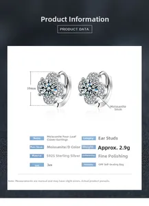 Detailed specs of S925 silver four-leaf clover earrings with 5mm D color Moissanite stone