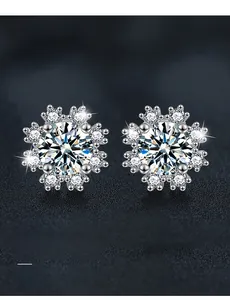 Macro shot of silver snowflake earrings featuring 3EX cut stones with 58 facets detail