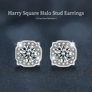 Luxury Moissanite Stud Earrings With 925 Sterling Silver Earring Post Square Halo Design Elegant D Color Inlaid Jewelry For Women