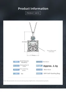 Detailed dimension guide for square moissanite S925 sterling silver pendant necklace