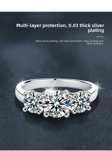 Detail of S925 silver ring featuring 0.03mm nano-plated finish and three sparkling moissanites