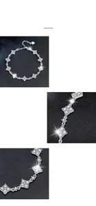 Detailed views of S925 silver moissanite clover bracelet with lobster clasp and heart charm