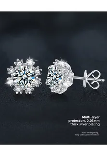 Macro detail of S925 sterling silver snowflake earrings with shiny moissanite center