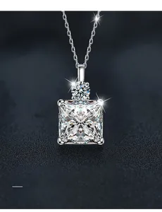 Macro detail of princess cut moissanite pendant with 925 sterling silver chain