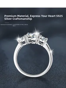 Detailed view of S925 sterling silver three-stone ring with brilliant moissanite accents
