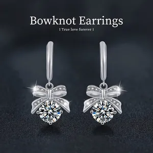 Boucles d'Oreilles Pendantes en Argent Sterling 925 Nœud Papillon Moissanite pour Femmes Coupe Ronde Brillantes Bijoux de Mode