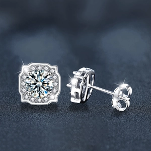 Square halo stud earrings in S925 sterling silver with sparkling round brilliant cut center