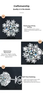 Macro view of snowflake moissanite earrings showing 4-prong setting and fine polishing