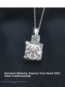 Macro shot of S925 sterling silver square moissanite pendant with princess cut and 4 claws