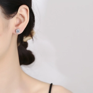 Elegant S925 sterling silver square moissanite stud earrings worn by a model