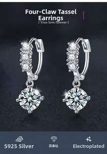 Macro shot of S925 sterling silver four-prong moissanite tassel earrings with detailed plating