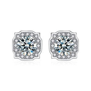 Elegant S925 silver moissanite halo stud earrings with round center diamonds and square frames