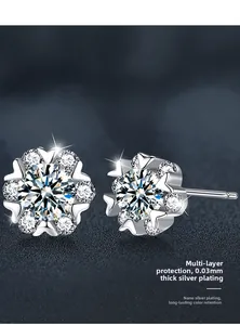 Close-up of snowflake stud earrings with sparkling round moissanite in s925 silver