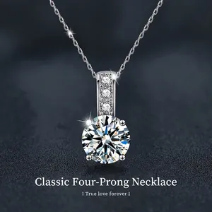 Collier Moissanite en Argent Sterling 925 pour Femmes Pendentif Rond Classique Quatre Griffes Bijoux Cadeau Alternative au Diamant