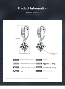 Detailed size specifications for S925 sterling silver moissanite four-prong drop earrings