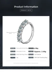 Detail view of S925 sterling silver ring featuring six 5mm moissanite stones in a row