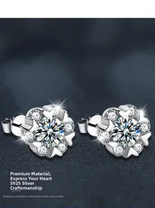 Macro shot of S925 sterling silver flower earrings with round-cut sparkling zircon stones