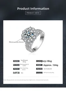 Vue détaillée d'une bague tournesol en argent S925 avec une moissanite de 8mm