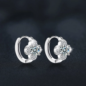 Elegant S925 sterling silver four-leaf clover hoop earrings with moissanite accents
