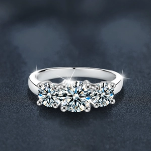 Classic S925 sterling silver ring with three round moissanite stones in a prong setting