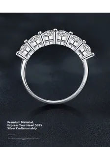 Macro view of S925 sterling silver band with seven shimmering moissanite stones