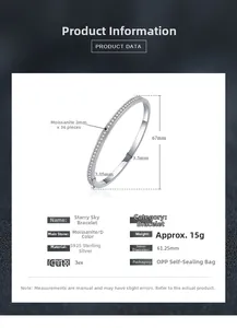 Moissanite Bangle specs showing S925 silver dimensions and 36 D-color 2mm stones