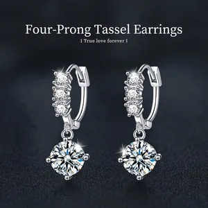 925 Sterling Silver Moissanite Drop Hoop Earrings For Women Luxury 4-Prong Round Dangle Jewelry With GRA Certificate
