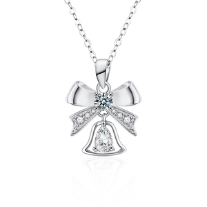 S925 silver bow and bell necklace with moissanite teardrop pendant for women