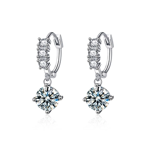S925 sterling silver moissanite hoop earrings with four-prong settings and dangles