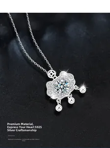 Macro shot of S925 sterling silver Ruyi lock pendant with sparkling moissanite stones