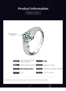 Detailed size chart for S925 sterling silver moissanite ring with 6.5mm D color stone