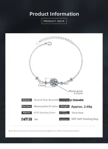 Detailed specs of S925 sterling silver star bracelet with 6.5mm moissanite stone