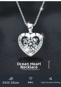 Macro shot of S925 silver heart pendant necklace with moissanite on dark leather background