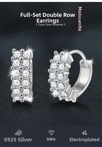 Detail view of double-row moissanite hoop earrings in S925 sterling silver plating