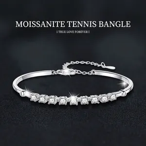 Elegant S925 Sterling Silver Moissanite Row Drill Bangle Adjustable Women Jewelry D Color VVS1 Round Stone Bracelet