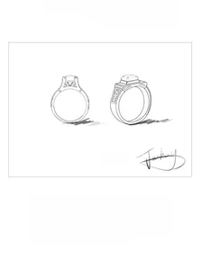 Detailed design sketch of Moissanite Eiffel Tower ring with heart claw settings