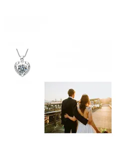 Macro view of heart-shaped S925 silver pendant necklace featuring a moissanite stone