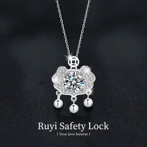S925 Sterling Silver Moissanite Ruyi Safety Lock Necklace For Women Chinese Style One Carat Moissanite Inlaid Pendant Fine Jewelry